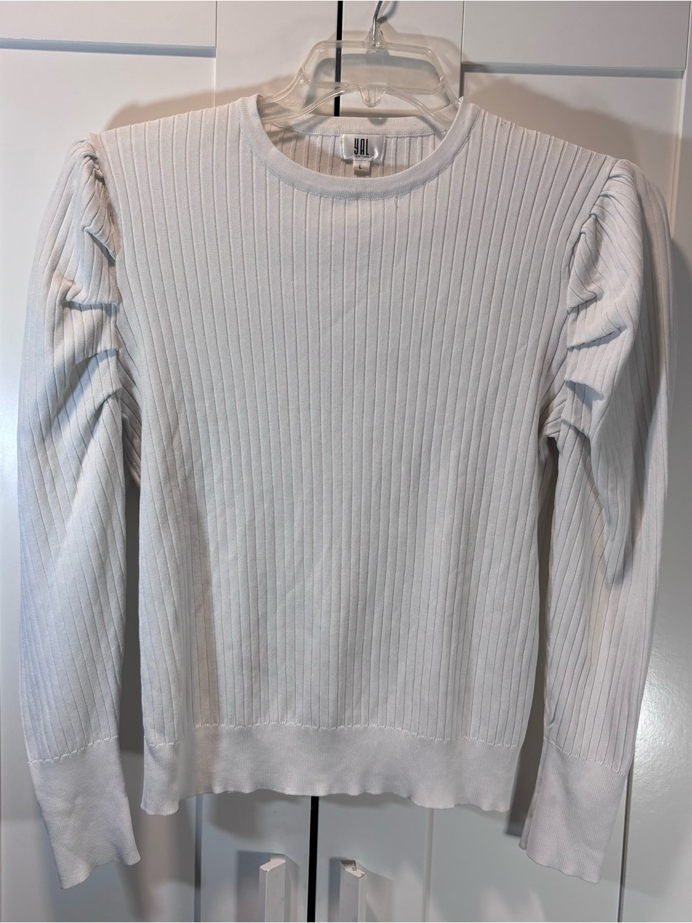 YAL New York Sweater White Ribbed Puff Leg of Mutton Sleeve Viscose Nylon Knit L